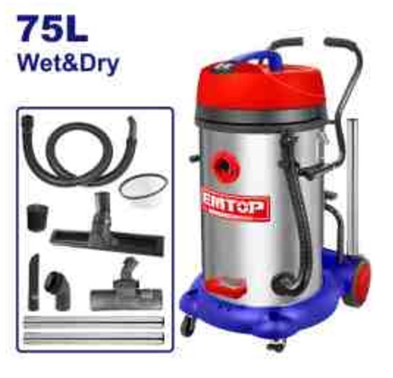 Commercial Grade 2400W Stainless Steel Wet Dry Vacuum Cleaner 75L Capacity Dual Motor - 16-17KPa Strong Vacuum Pressure Workshop Cleaning Equipment 5.5m Power Cable Included